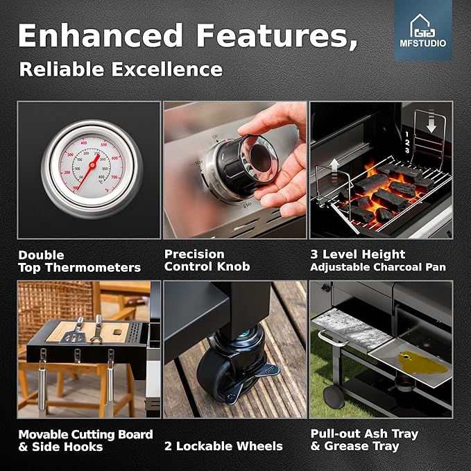 MFSTUDIO Gas and Charcoal Grill Combo with Side Smoker Heavy Duty Dual Fuel BBQ Grill with Porcelain-Enamel Grates Perfect for Outdoor Grilling 840 SQIN Cooking Area