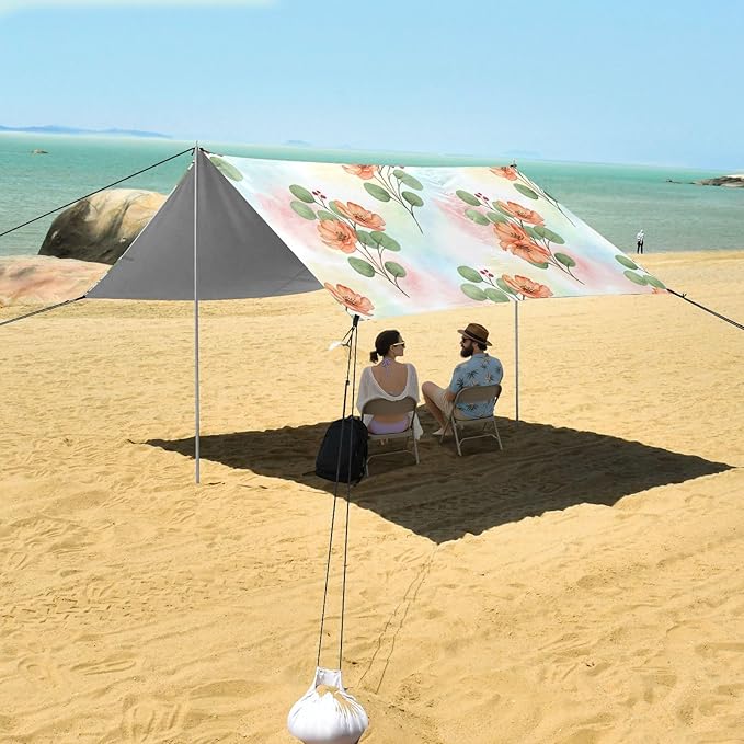 xigua Wildflowers Beach Tent Sun Shelter with Carrying Bag - Silver Coated Oxford Fabric Beach Canopy for Beach Camping Fishing - Includes Windproof Ropes Sandbags &amp Stakes
