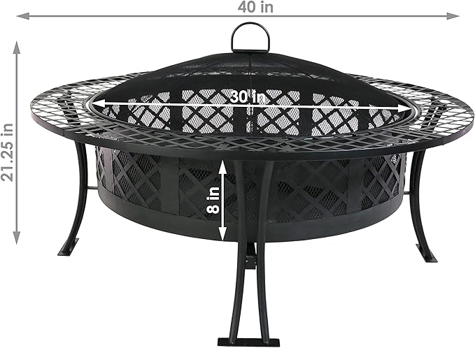 Sunnydaze 40-Inch Round Steel Fire Pit Table with Durable Spark Screen and Poker - Portable Design - Black - Diamond Weave