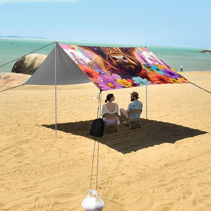 ALAZA Cow Bull Rainbow Daisy Beach Tent Sun Shelter UPF50+ Protection Beach Shade Canopy w/ 4 Sandbags for Outdoor Camping Fishing Backyard Fun Picnic 10x9 ft
