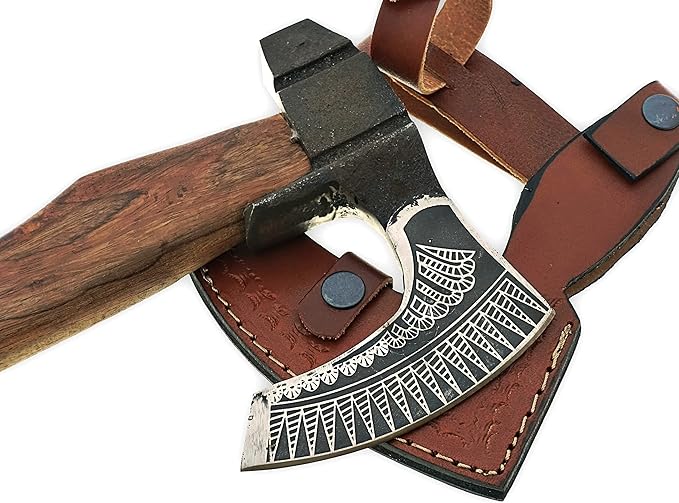 15 Inch long Bearded hiking Axe Carbon steel blade with laser etching Easy grip Rose wood round handle Leather sheath included