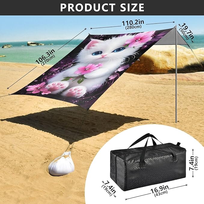 ALAZA Cute Cat Kitten Pink Flower Beach Tent Sun Shelter UPF50+ Protection Beach Shade Canopy w/ 4 Sandbags for Outdoor Camping Fishing Backyard Fun Picnic 10x9 ft