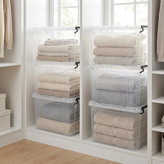 4 Pack 90 Qt Clear Large Storage Bins with Lids Stackable Plastic Organizer for Home Office Garage BPA-Free Heavy-Duty See-Through Containers with Secure Latches &amp Handles