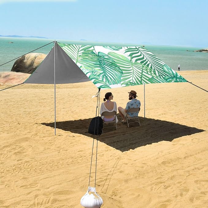 Leaf Beach Canopy Sun Shelter with Sandbags &amp Sand Shovel &amp Windproof Ropes - Portable 110x126 Beach Shade Beach Tent for Camping Picnics