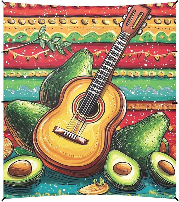 Mexican Style Cinco De Mayo Guitar Avocados Foldable Beach Cabana UPF50+ Easy Setup Large Portable Sun Shelter with Sandbags and Shovel for Camping Picnics Backyard