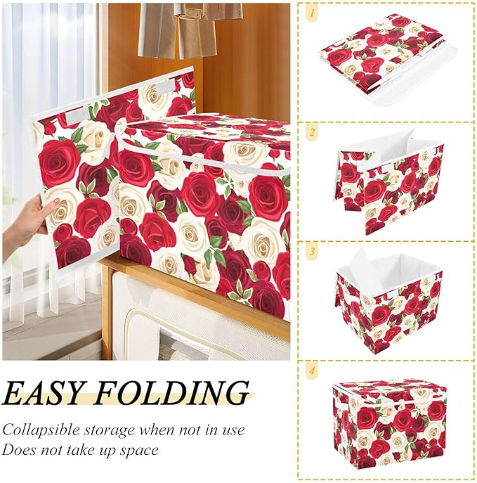 Storage Box Rose Floral Closet Storage Bins with Lids Foldable Oxford Fabric Storage Box for Home Bedroom Closet Office (16.5x12.6x11.8 in)