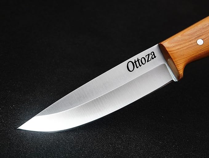 Ottoza Full Tang Bushcraft Knife with 1095 Carbon Steel Fixed Blade - Survival and Outdoor Camping Knife - Black Cross Draw Sheath and Olive Wood Handle 396