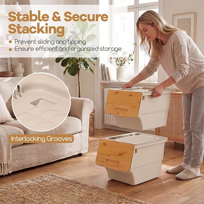 Giantex Plastic Stackable Storage Bins with Lids &amp Wheels 6 Pack Open Front Stacking Bins Organizer Bins for Pantry Kitchen Laundry Closet Playroom Bedroom Organization （12.5 QT）