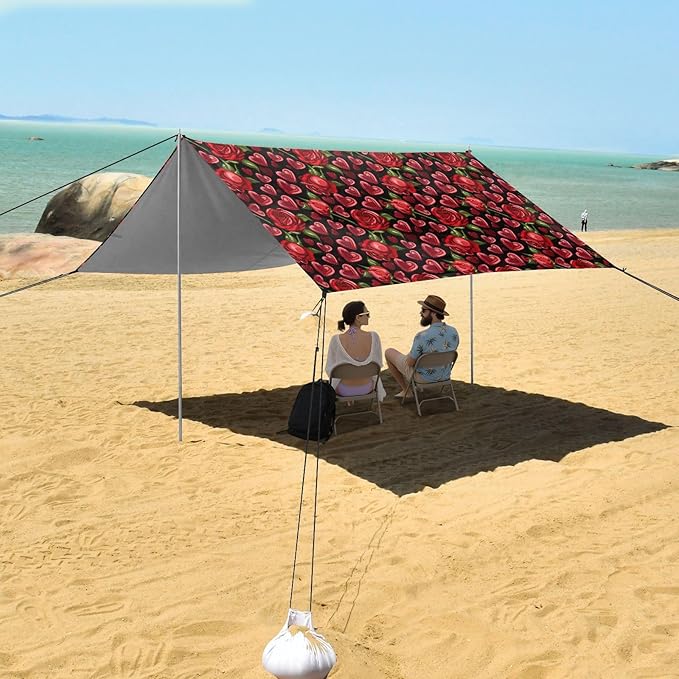 ALAZA Heart Red Rose Flower Beach Tent Sun Shelter UPF50+ Protection Beach Shade Canopy w/ 4 Sandbags for Outdoor Camping Fishing Backyard Fun Picnic 10x9 ft