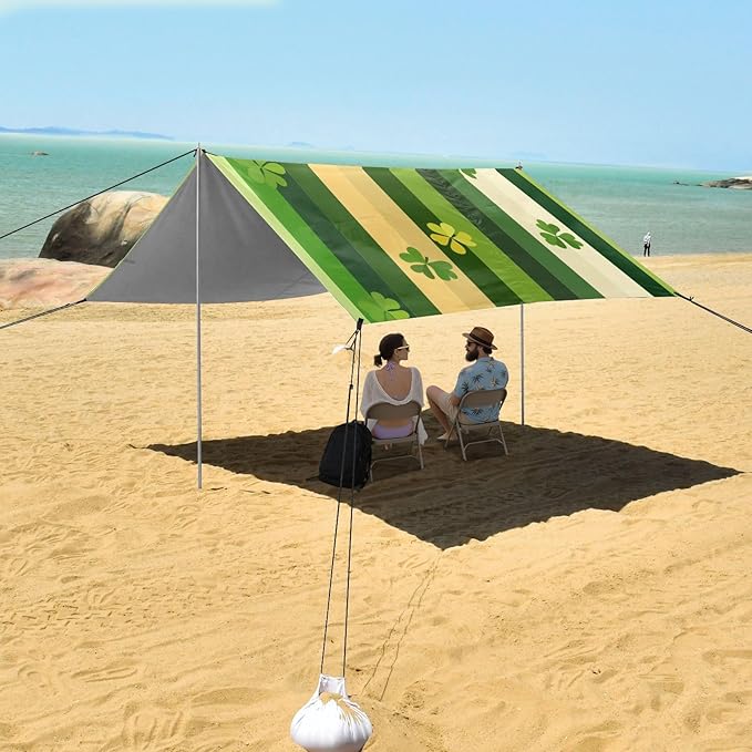 St Patrick's Clovers Stripes Beach Tent Sun Shelter Set UPF50+ UV Protection 10.5 x 9.19 FT Camping Shade Canopy with Sandbags Sand Anchors Carrying Bag and Others