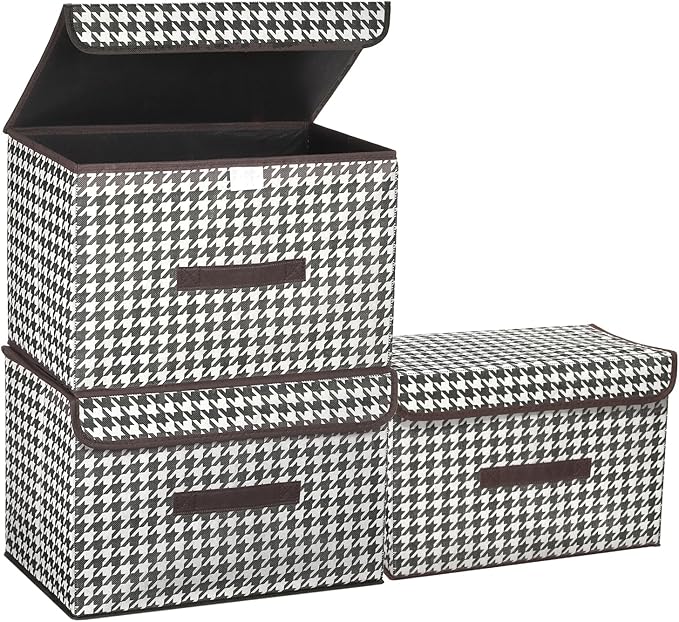 PATIKIL Fabric Collapsible Storage Bin 14.2 x 9.1 x 9.4 Inch 3 Pcs Foldable Storage Box Cube with Lids and Handle Organizer Container for Home Bedroom Closet Clothes Black White Grid