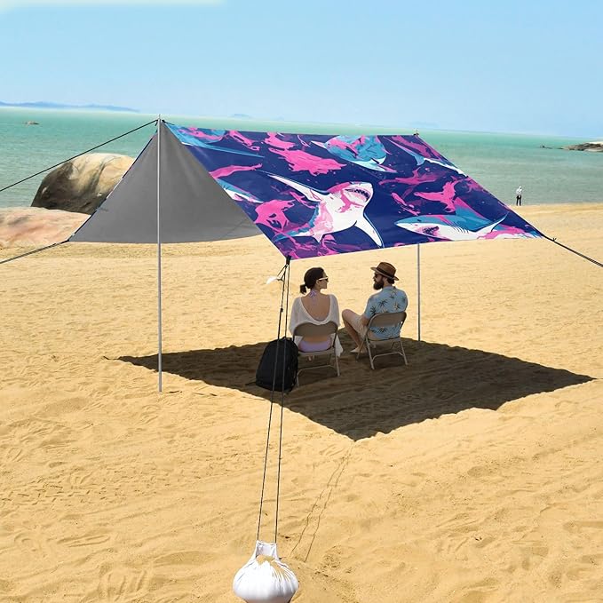 Shark Ocean Navy Blue Oil Painting Beach Tent UPF50+ Easy Setup Large Sun Shelter with Sand Shovel Sandbags for Camping Picnics Backyard &amp Fishing