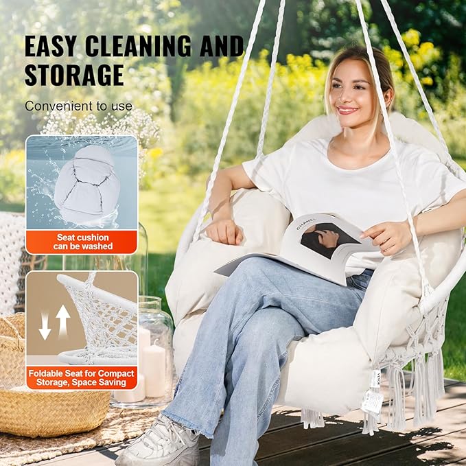 VEVOR Hanging Hammock Swing Chair Macramé Hanging Chair with Cushion and Mounting Hardware Cotton Rope Swing Chair for Bedroom Balcony Patio Garden 264 lbs Capacity White