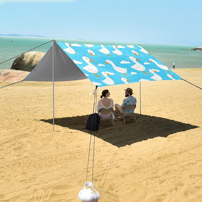 xigua Ducks Beach Tent Sun Shelter with Carrying Bag - Silver Coated Oxford Fabric Beach Canopy for Beach Camping Fishing - Includes Windproof Ropes Sandbags &amp Stakes