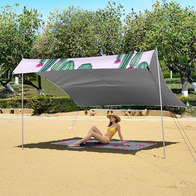 Beach Canopy with Windproof Ropes &amp Sandbags Beach Tent Sun Shade Sun Shelter for Camping Trips Fishing Backyard Fun or Picnics Cactus