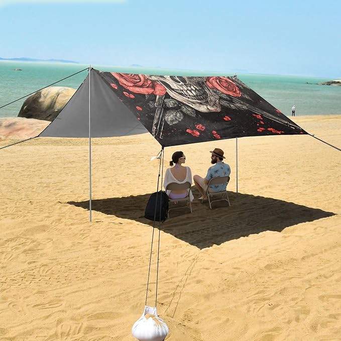 ALAZA Skull Crossed Guns and Roses Beach Tent Sun Shelter Portable Canopy Sunshade for Outdoor Camping Picnics Backyard Fun 10x9 ft