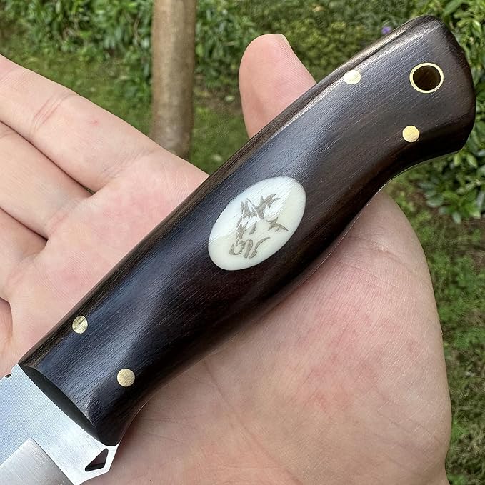 3.54 inches Bowie Knife Full-tang D2 Steel Fixed Blade Ebony Wood Handle Hunting Knife with Leather for Camping Hiking Survival
