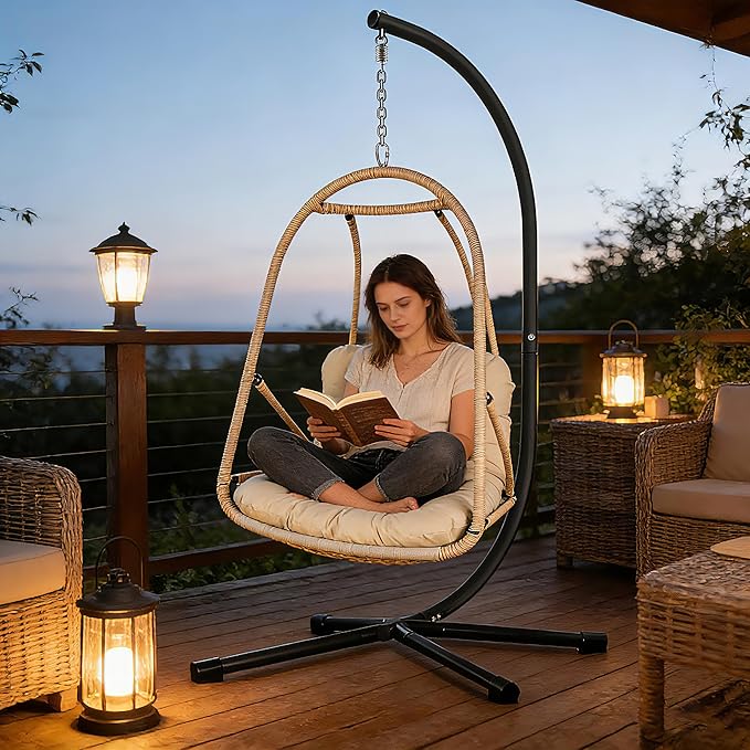 JESE Swing Egg Chair with Stand – UV Resistant Waterproof Cushion &amp Cup Holder Included Indoor/Outdoor Hanging Hammock Chair for Patio Bedroom Balcony Garden (Khaki)