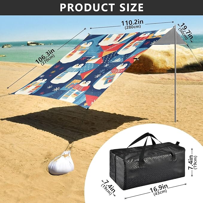 Christmas Penguin Foldable Beach Cabana UPF50+ Waterproof Large Sun Shelter with Sandbags and Shovel for Backyard and Camping