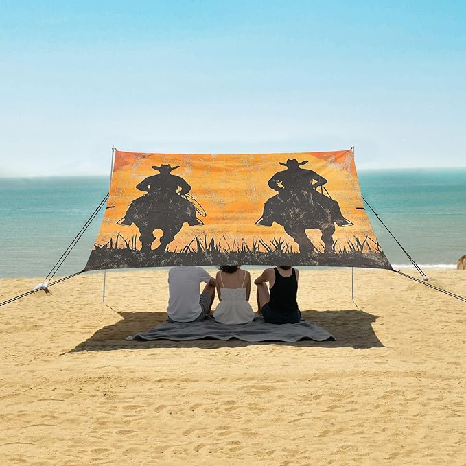 Two Western Cowboys Beach Tent UPF50 Waterproof Shade Sun Shelter with Sandbags and Shovel for Camping Picnics Backyard &amp Fishing