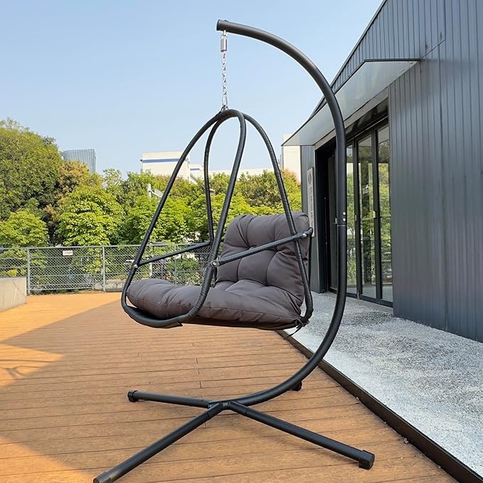 Rattan Egg Hanging Chair with Stand for Indoor and Outdoor Relaxation Featuring Removable Safety Rail Convenient Cup Holder and Comfortable Cushion Set for Lounging in Garden Patio Living Space