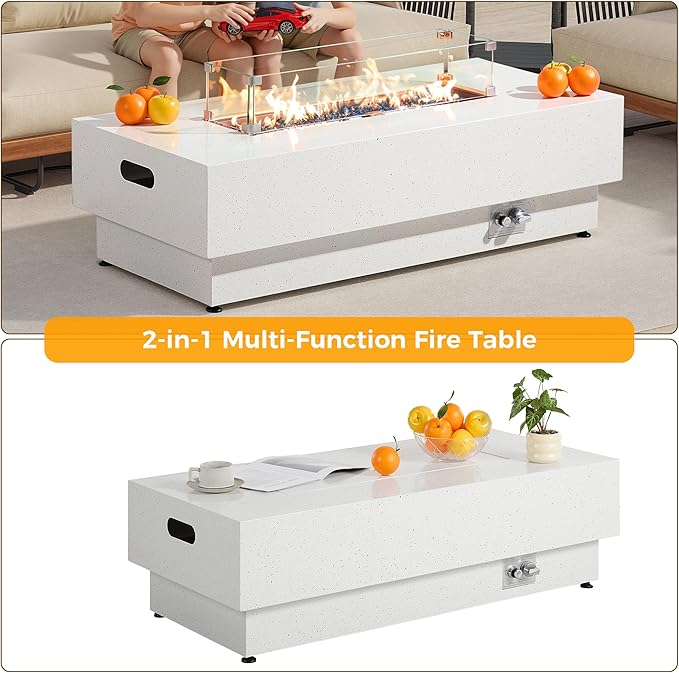IRONCK 50-Inch Outdoor Propane Fire Pit Table w Tank Table CSA Certified Rectangular Patio Fire Pit w Glass Rocks Wind Guard and Cover 58000 BTU 2 in 1 Outdoor Heater for Deck Garden White