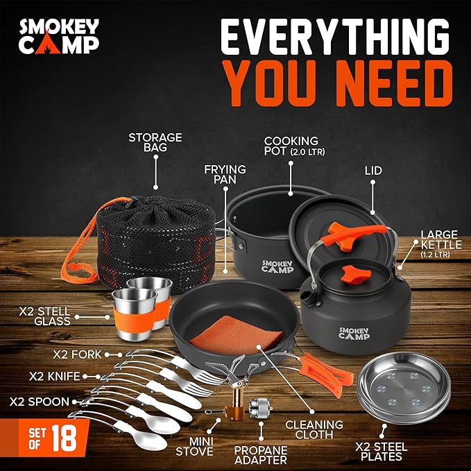 Smokey Camp Camping Cookware Mess Kit Set with Stove - Backpacking Camping Pots and Pans Set All in One Non-Stick Camping Cooking Set Portable Stove Hiking Picnic Outdoor &amp Camping Cookware S