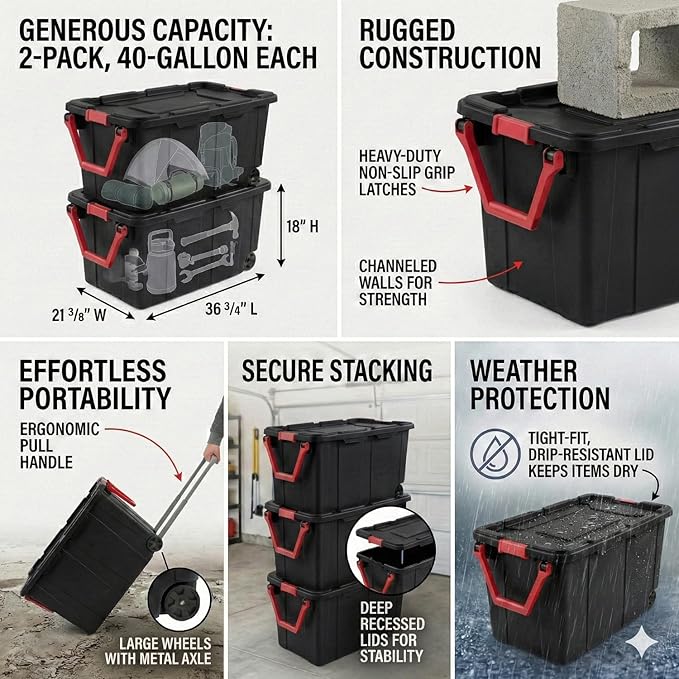 40 Gallon Plastic Storage Box with Wheels and Lids Stackable Industrial Tote Pack of 2 (Black)