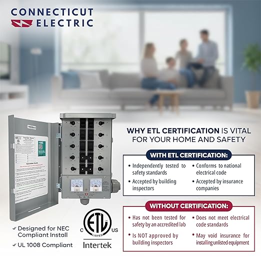 Connecticut Electric EmerGen Manual Transfer Switch Kit 30 Amp 50 Foot Cord 10-Circuit 7500 Watts EGS107501G2K50 for Portable Generator (with 50 FT Generator Cord)