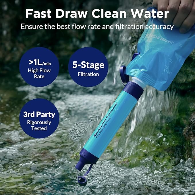 Membrane Solutions Squeezable Water Filtration System Survival Water Purifier Kit Portable Backpacking Gear Including Water Filter Straw and 23oz Collapsible Bottle for Hiking Camping Travel(7+6)