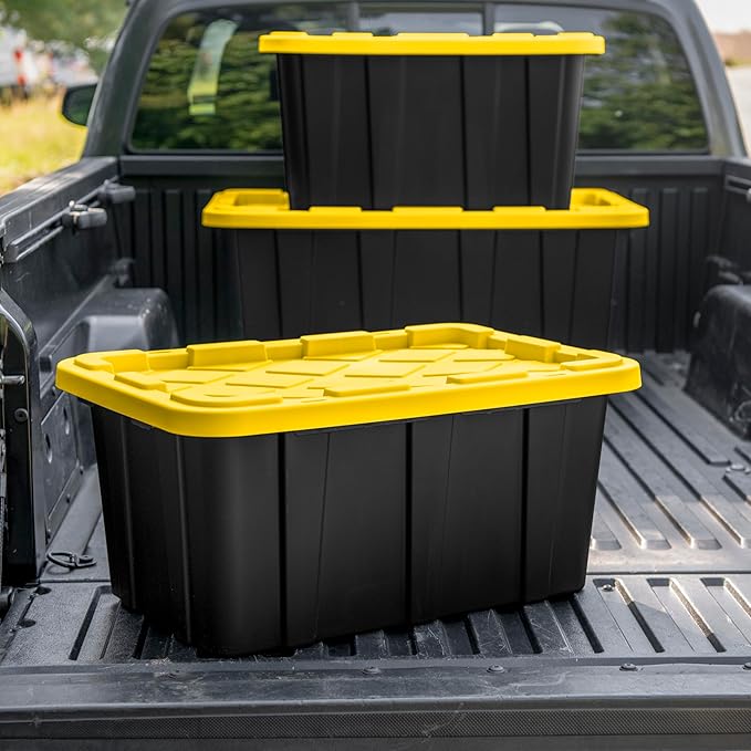 Sterilite 38 Gal Industrial Tote Stackable Storage Bin with Snap-Fit Lid for Garage Basement &amp Attic Storage Black Base and Yellow Lily Lid 4-Pack