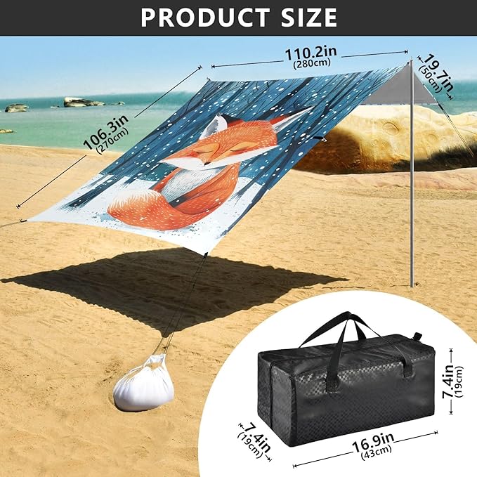 ALAZA Fox Winter in Forest Beach Tent Sun Shelter Portable Canopy Sunshade for Outdoor Camping Picnics Backyard Fun 10x9 ft