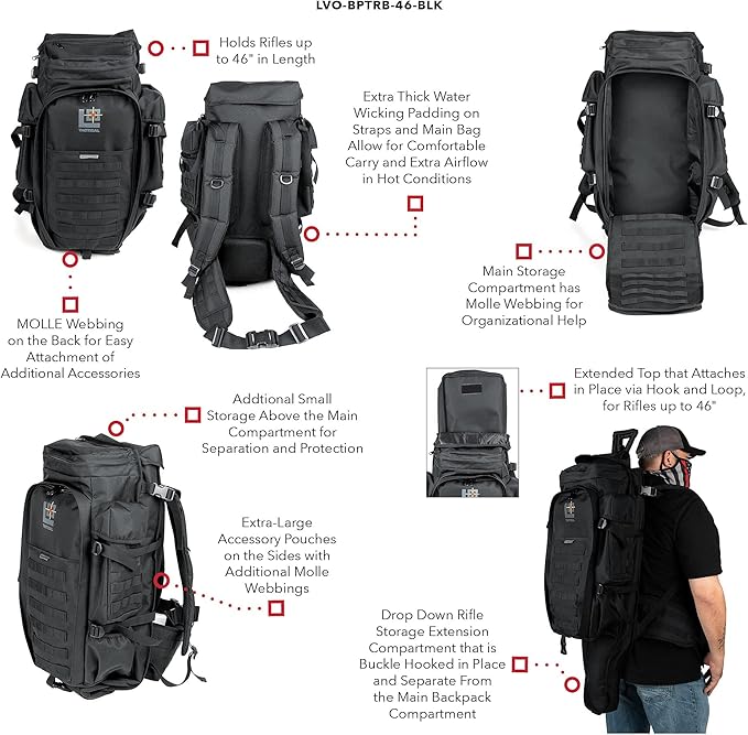 Levy's Outdoor 46 Inch Military Tactical Rifle Backpack with MOLLE Webbing (LVO-BPTRB-46-BLK) Black Large