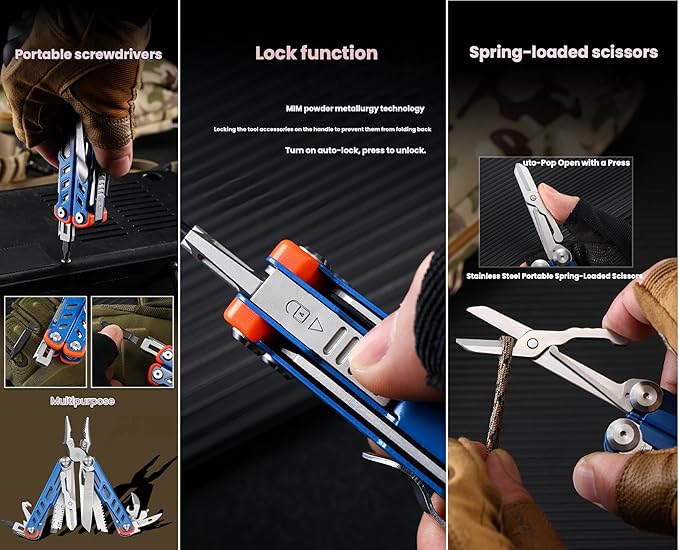 Multitool 15-in-1 Full-Size Lightweight EDC Multi-Purpose Pliers Multitools Camping Knives &amp Tools Tactical Outdoor Gear Gift Ideas for Men Gifts for Hunters Men who have Everything (Blue)