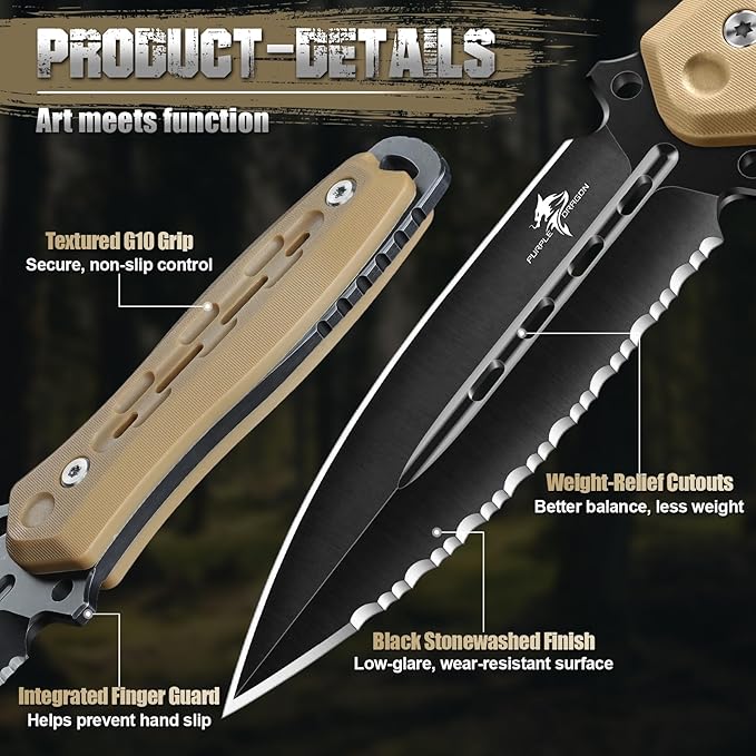 Purple Dragon Fixed Blade Knife with Kydex Sheath440C Steel Full Tang Outdoor Utility Knife with G10 Handle for Camping HikingBushcraft &amp Outdoor Use-Black-Brown