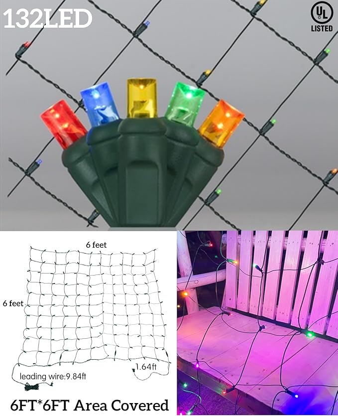 Led Christmas Net Lights for Bushes 132LED 6FT x 6FT Connectable UL Certified Net Lights for Bushes Tree Shrubs Xmas Trunk Green Wire Christmas Decorations