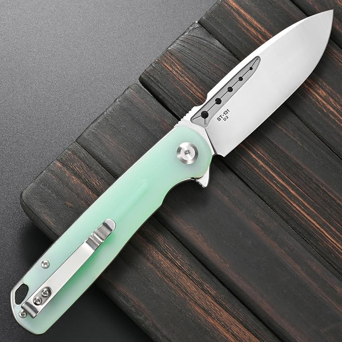 Sitivien ST131 Folding KnifeD2 Blade G10 Handle EDC Tool Knife with Liner Lock for Outdoor Camping Hiking Fishing(Jade)