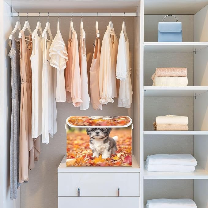 AIXIWAWA Lidded Storage Cube (Fall Puppy) Fabric Foldable Closet Bins with Flip Lid and Handles Organizer Basket Container 16.5 x 12.6 x 11.8 IN