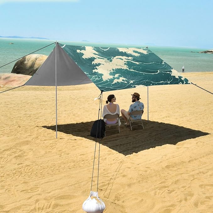Beach Canopy with Windproof Ropes &amp Sandbags Beach Tent Sun Shade Sun Shelter for Camping Trips Fishing Backyard Fun or Picnics Waves
