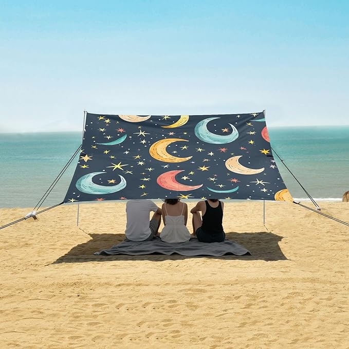 ALAZA Colorful Moon Stars Seamless Beach Tent Sun Shelter Portable Canopy Sunshade for Outdoor Camping Picnics Backyard Fun 10x9 ft
