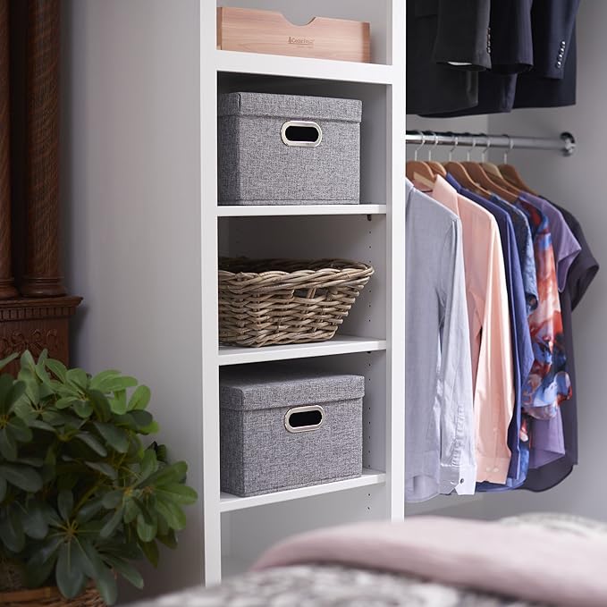 Household Essentials Collapsible Cotton Blend Storage Box with Lid and Metal Grommet Handle Set of 2 Grey