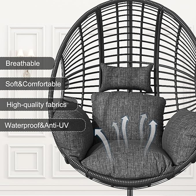 Oversized Hanging Egg Chair Outdoor Indoor Wicker Swing Egg Chair with Stand 400lbs Capacity for Bedroom Patio Garden and Balcony (Black-Regular Oversize)