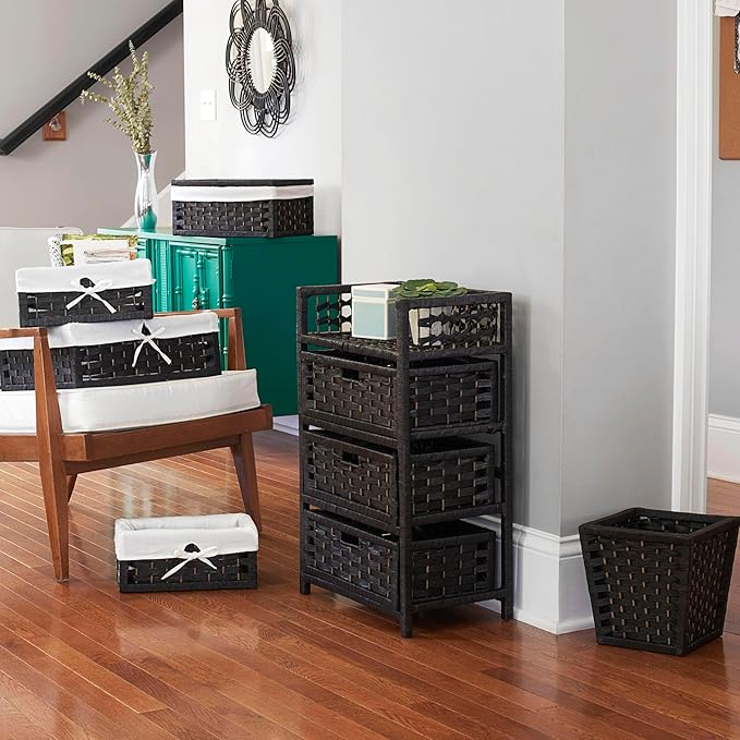 Household Essentials Hand-Woven Paper Rope Basket with Lid and Liner Black Stain