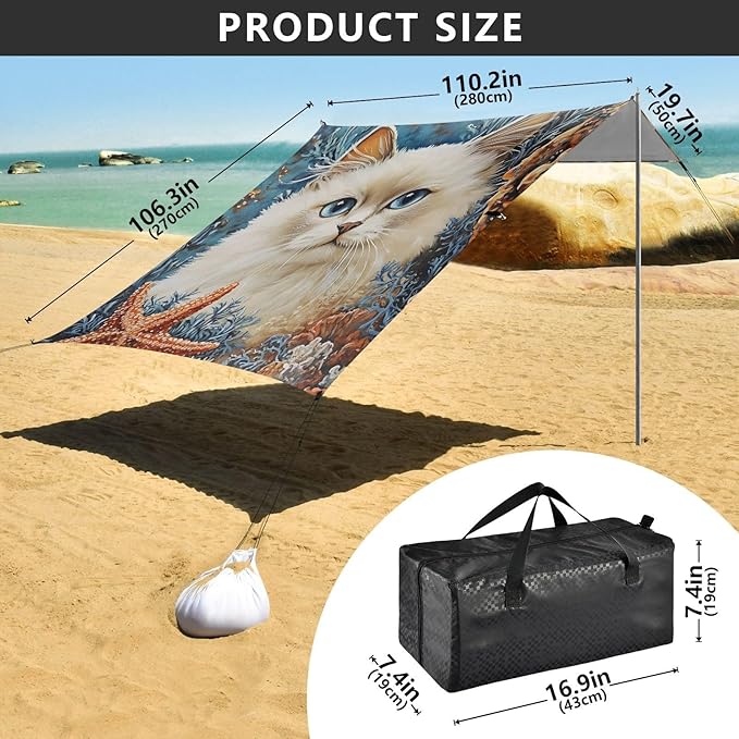 ALAZA White Cat Coral Beach Tent Sun Shelter Portable Canopy Sunshade for Outdoor Camping Picnics Backyard Fun 10x9 ft