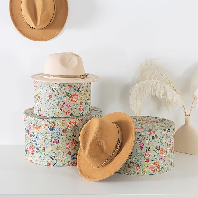 Soul &amp Lane Botanica Bliss Green Round Hat Boxes with Lids - Set of 3 Nesting Cardboard Hat Storage Boho Floral Print Cases Circle Stacking Decorative Keepsake Boxes