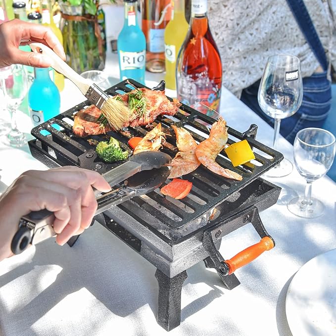 Sungmor Compact Cast Iron Charcoal Grill - Tabletop BBQ Grill with Adjustable Grate &amp Wooden Handles 12” x 7” Ideal for 1-3 People - Portable Heavy-Duty Grill for Camping Balcony &amp Small Spa