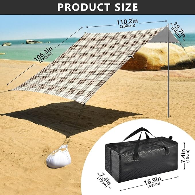 ALAZA Brown Grid Tartan Checkered Beach Tent Sun Shelter UPF50+ Protection Beach Shade Canopy w/ 4 Sandbags for Outdoor Camping Fishing Backyard Fun Picnic 10x9 ft