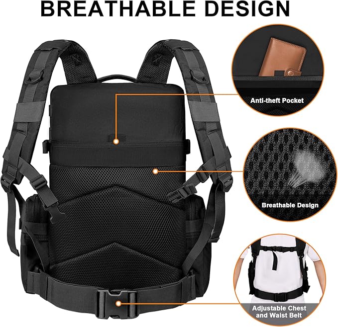 Military Tactical Backpack with Hidden Rain Cover 50L MOLLE Army Backpack for Men 3-Day Assault Rucksack for Trekking Heavy Duty Waterproof Pack Bag for Camping Hiking - Khaki