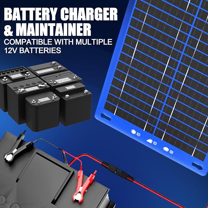 OYMSAE 12V 7.5W Solar Trickle Charger &amp Maintainer - Waterproof Battery Charger with Smart Controller for Car Boat RV Truck Marine - Includes Cigarette Plug &amp Alligator Clips
