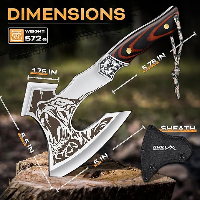 TIVOLI Camping Axe Tiger - Patterned Survival Hatchet with Nylon Sheath High Carbon Steel Blade Compact Outdoor Bushcraft Axe with Ergonomic Wood Grip Camping Gear for Hiking Chopping Hunting